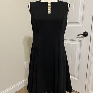 Belted A-Line Dress, black with gold metal detail, size 10